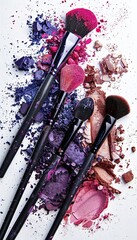 Poster - Makeup brushes with colorful eyeshadow and blush on a white background. Generative AI