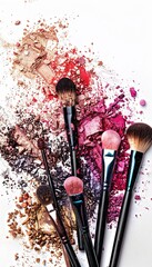 Poster - Colorful makeup brushes arranged with eyeshadow and blush on a white background. Generative AI