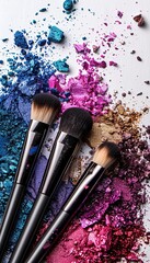 Poster - A close-up image of three makeup brushes covered in various colors of eyeshadow and blush on a white background. Generative AI