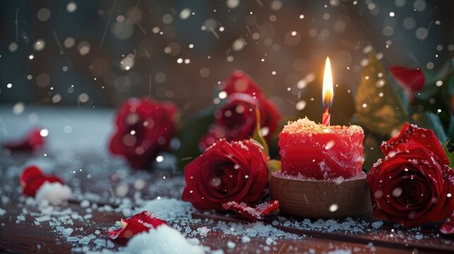 Alphabet shaped Candle on Birthday Table with Red Roses and Snow in Winter