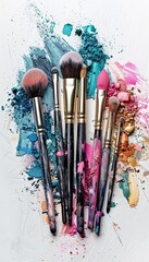 Poster - A group of makeup brushes covered in vibrant eyeshadow and blush on a white background. Generative AI