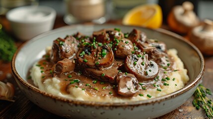 Wall Mural - A beautifully plated beef stroganoff, featuring tender beef strips in a creamy mushroom sauce, served over mashed potatoes.