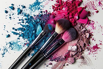 Poster - Close-up of makeup brushes covered with colorful eyeshadow and blush on a white background. Generative AI