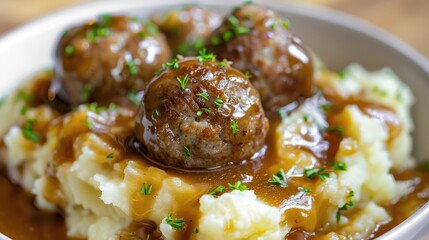 Wall Mural - Mashed potatoes with meatball and gravy