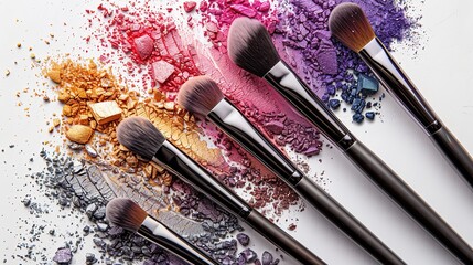Poster - Close-up of colorful makeup brushes with eyeshadow and blush on a white background. Generative AI