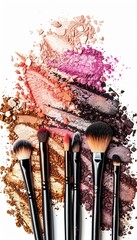 Poster - A close-up shot of makeup brushes with eyeshadow and blush scattered around them on a white background. Generative AI