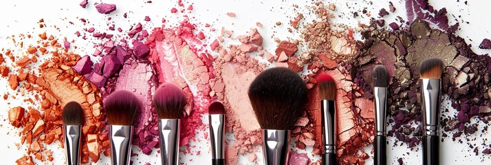 Poster - Close-up of makeup brushes covered in vibrant eyeshadow and blush, scattered on a white background. Generative AI