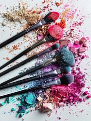 Poster - A close-up of makeup brushes covered in colorful eyeshadow and blush on a white background. Generative AI