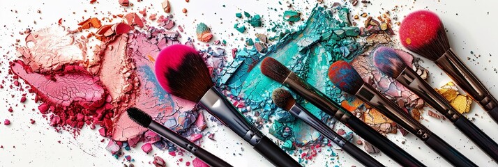 Poster - A close-up of colorful makeup brushes with vibrant eyeshadows and blushes scattered on a white surface. Generative AI