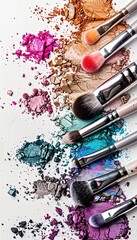 Poster - Close-up of various makeup brushes covered in colorful eyeshadow and blush against a white background. Generative AI