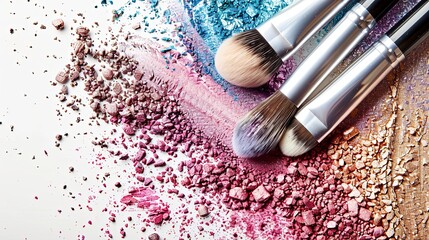 Poster - Close-up of makeup brushes covered in colorful eyeshadow and blush, arranged artistically against a white backdrop. Generative AI