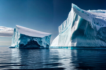 Scenery of big iceberg on water surface view in north ocean, serene scene. Isberg of central composition, blue sky, sea landscape. Hidden threat or danger concept. Gen ai illustration. Copy text space