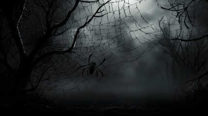 Spider web silhouette against black wall - halloween theme dark background. 