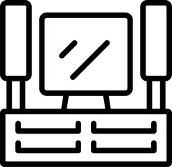 Poster - Black and white line icon of a minimalist desk setup with computer and drawers