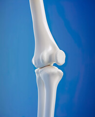 3D model of an elbow joint shown in smooth white color against a blue background