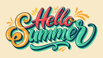 Word text Hello Summer, vibrant and colorful retro style. graphic illustration, summer-themed designs, greeting cards, t-shirts, posters, or social media posts celebrating arrival of the warm season