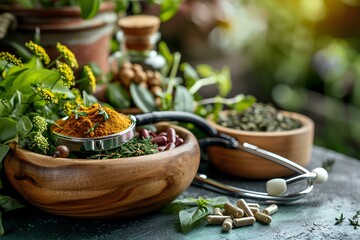A wooden bowl filled with herbs next to a stethoscope