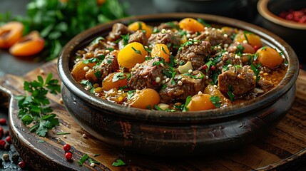 An artistic presentation of lamb tagine, with tender lamb, apricots, almonds, and a rich spiced sauce, garnished with fresh herbs.