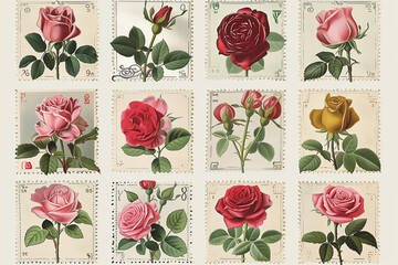 Wall Mural - A set of ten vintage rose stamps.


