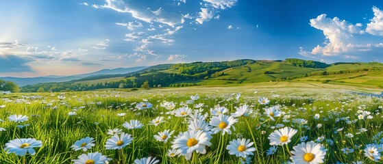 Wall Mural - Beautiful spring and summer natural panoramic pastoral landscape with blooming field of daisies in the grass in the hilly countryside