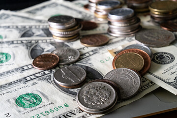 Wall Mural - View of the various coins on the various banknotes