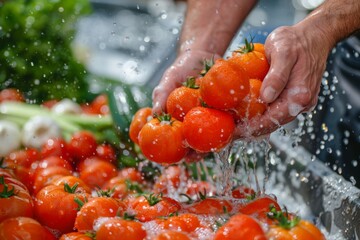 Hands washing vegetable vegetables fruits fresh organic food diet eco non-processed supply cooking sink household cooking chef ready to prepare a meal healthy eating habit carrot lettuce water flow