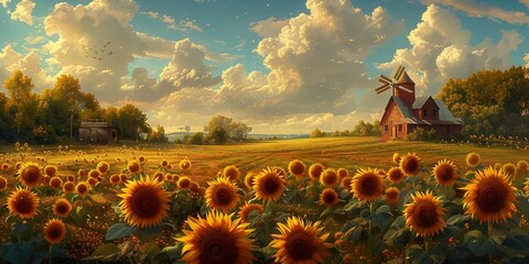 Canvas Print - Rural Retreat with Sunflower Fields, generative ai