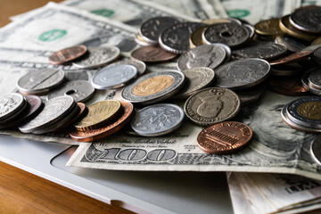 Wall Mural - View of the various coins on the various banknotes