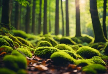 Wall Mural - the sun shines through the trees as green moss cover a forest floor