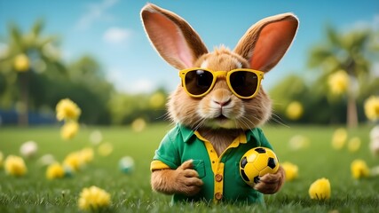 the Easter Bunny playing with a ball, Wearing a red lumberjack shirt against a green background of nature, Rabbit is playing football in the ground while sporting a yellow jersey.


