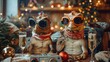 © familymedia - Adorable dinosaurs in festive attire hold champagne and pose with a vintage camera among Christmas decorations