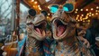 © familymedia - Two costumed revelers dressed as dinosaurs sporting sunglasses hold drinks at an outdoor event with bokeh lights