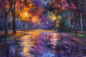 Wall Mural - Original expressionism oil painting evening park cityscape, beautiful reflection on wet asphalt on canvas. Abstract violet-orange lonely night park. Palette knife artwork. Impressionism. Art.


