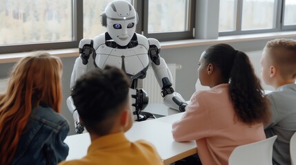 Poster - in a futuristic classroom, a robotic advisor teaches financial independence and investing using inte
