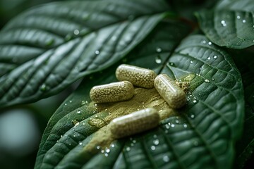 Wall Mural - A bunch of pills sitting on top of a leaf