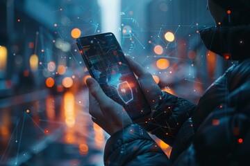 Wall Mural - Person holding smartphone with futuristic design