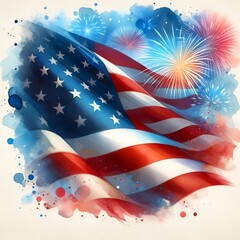 Wall Mural - Watercolor illustration for USA Independence Day with the USA flag and fireworks 
