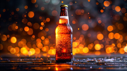 Beer Bottle with Artistic Bokeh Lights. Chilled beer bottle with water droplets and artistic bokeh lights in the background, creating a festive ambiance.