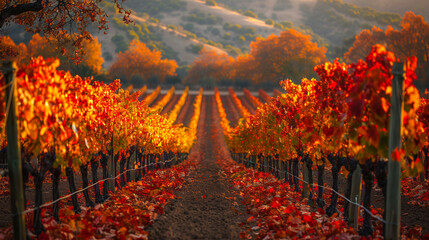 Autumn Vineyard Landscape. Scenic view of a vineyard in autumn with rows of grapevines displaying vibrant red and orange leaves against a hilly backdrop.