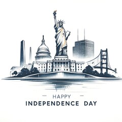 Wall Mural - Watercolor illustration for USA Independence Day with iconic symbols.