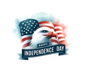 Wall Mural - Watercolor painting illustration for american independence day with bald eagle and waving flag.