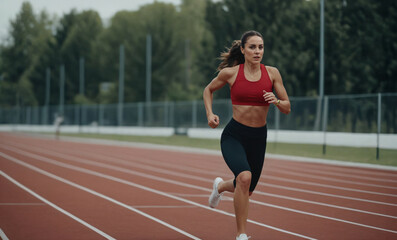 Wall Mural - A strong female professional runner runs fast on a track racing during sport competition. Attractive athlete woman sprinter in sportswear at stadium at international championship.