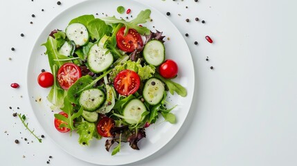 Fresh and Colorful Summer Salad with Tomatoes, Cucumbers, and Greens on White Plate with Copy Space for Text