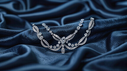 Wall Mural - Focus on center of beautiful vintage rhinestone diamond necklace draped on navy velour fabric for background.