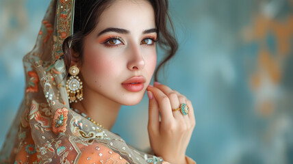 Wall Mural - Portrait of a nice looking pakistani woman with beautiful ring and earings. Professional make up.