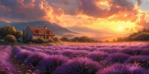 Canvas Print - Golden Hour in Lavender Fields, generative ai