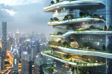 Wall Mural - High-rise building with futuristic design, glass facades, smart technologies, green terraces