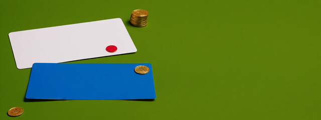 Poster - Two cards, one white with a red dot and one blue, lie on a green surface with gold coins scattered around