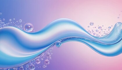 Poster - A close-up of a blue water wave with bubbles on a pink and purple gradient background
