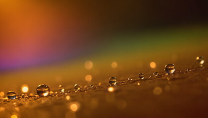 Poster - A close-up photo of water droplets on a golden surface with a blurred rainbow background